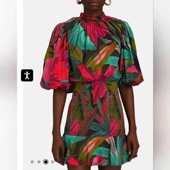 FARM RIOMidnight Leaves Puff Sleeve Mini Dress Size M - Picture 2 of 10